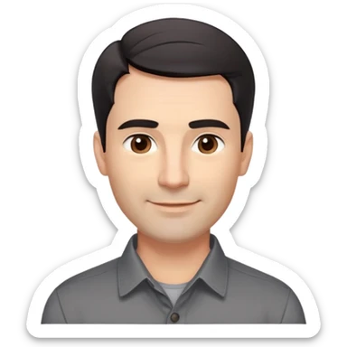 Professional-looking man in his 40s with wide square face, defined jawline, full cheeks, warm smile, medium brown eyes, prominent natural eyebrows, straight wide nose, slightly upturned lips, short fade haircut with dark almost black hair, wearing a gray button-up shirt sticker