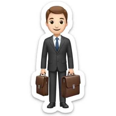 classic salesman with a suit and tie, smiling, holding a briefcase sticker