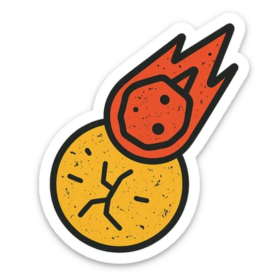 minimalist icon of a meteor falling into and destroying a planet, worn distressed effect sticker