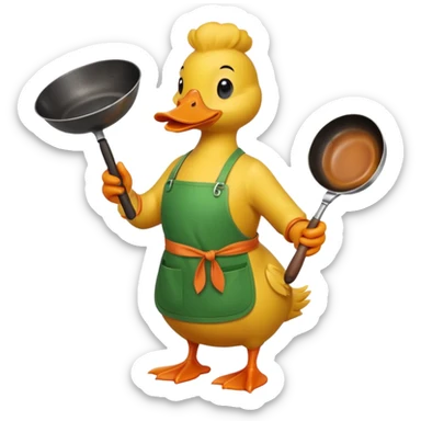 A duck holding a frying pan with vegetables, wearing green apron sticker