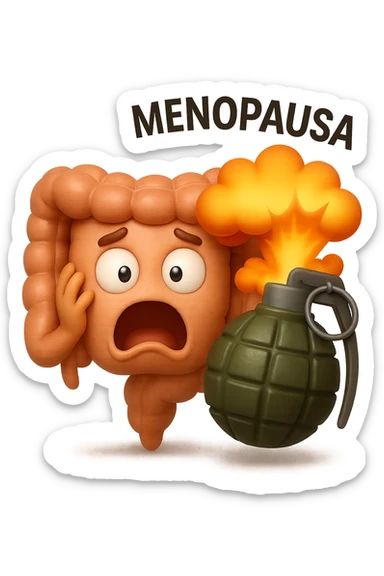 EMOJI STILE IPHONE 3D DI INTESTINO 3D CON ESPRESSIONE SPAVENTATA IN VOLTO MENTRE ACCANTO A LUI SCOPPIA UNA GRANATA 3D CON LA SCRITTA "MENOPAUSA" SOPRA, FAGLI ANCHE LA PARTE BIANCA DEGLI OCCHI, NON SOLO LA PUPILLA sticker