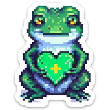 pixel art frog holding a green heart sticker
