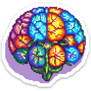 Add a colorful, vibrant core to the brain, making the center of the crystal brain glow with multiple bright colors, in pixel art style, with no background. sticker