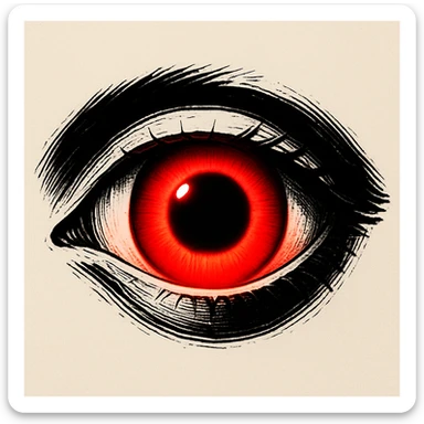 stylized eye with a glowing red iris and a huge black pupil, high contrast, plain background sticker