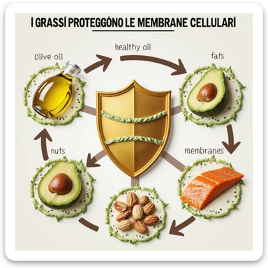 realistic infographic showing healthy fats (olive oil, avocado, nuts, salmon) protecting human cell membranes, cells with highlighted membranes, fats wrapping around like a shield, educational style, Italian caption 'I grassi proteggono le membrane cellulari', light background sticker