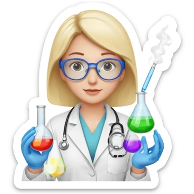 A person wearing safety goggles, a stethoscope, and a white coat. In one hand they hold a test tube containing chemicals  sticker