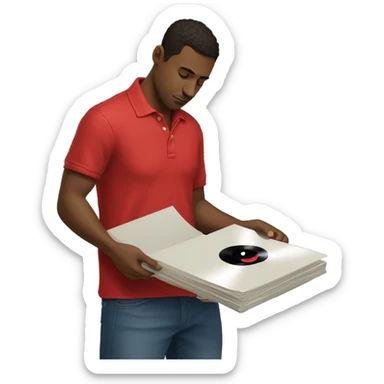 brunette man wearing red polo and baggy jeans looking at records sticker