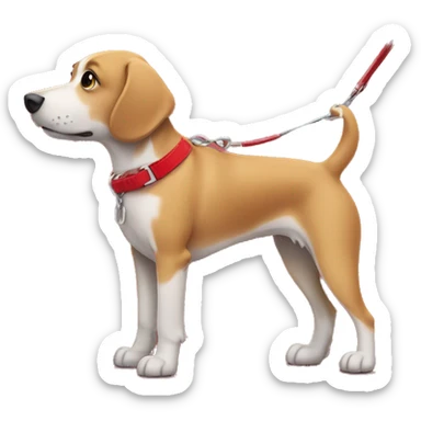 dog wearing red attire on a leash by girl walking in red shirt sticker