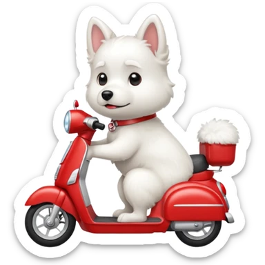 Chien blanc type Montagne sur un scooter rouge et blanc sticker
