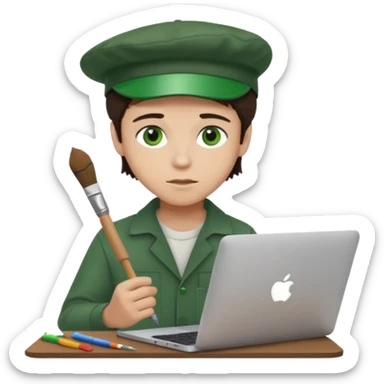 boy working in Macbook, him hat same like painter artist, eyes green color, color hair dark brown sticker