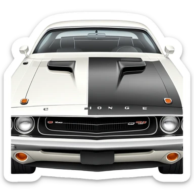Classic white 1971 Dodge Challenger, perfect 30-degree angle view, highly detailed front grille and headlights, clean all-white exterior, authentic muscle car lines, iOS emoji style sticker