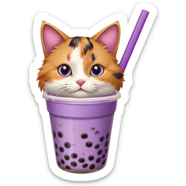 a cat with a purple bubble tea sticker