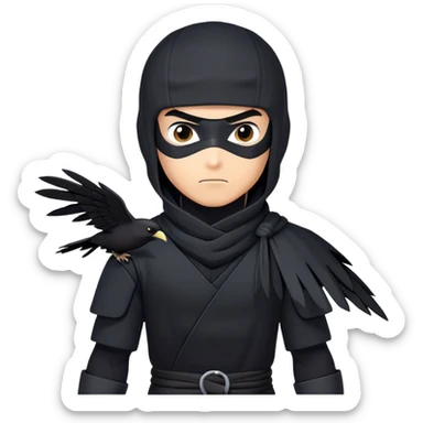 clash-of-clans-aesthetic_-cinematic-mysterious-male-ninja-portrait-emoji, rendered in a flat, vector-style with minimal shading and bold, simplified shapes, with a head slightly turned revealing intense, focused eyes. the ninja has his arm out and perched on top of his forearm is  a  giant black crow sticker