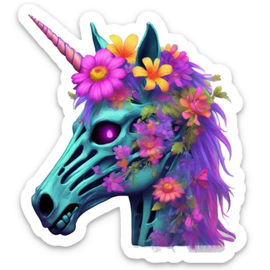 Neon Zombie Pegasus unicorn skeleton psychedelic flowers floral groovy art neon rave raving sticker