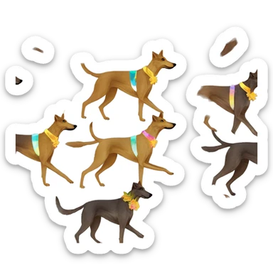  brindle brown black maroon gold lurcher Alsatian fox running blue eyes and iridescent holographic oilslick harness wearing paper iridescent tropical flower crown yellow caution tape sticker