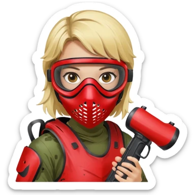blond girl playing paintball with red paintball face mask sticker