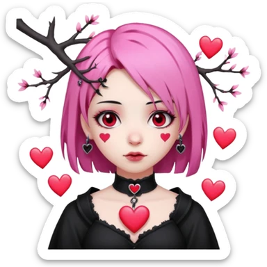 goth sakura heart, heart pierced by sakura branch, black and pink sticker