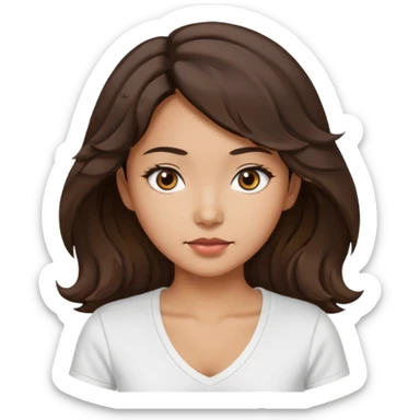 iOS style emoji. A girl with very long dark brown wavy hair. And the eyes color is dark brown. And she is wearing white t shirt with V kneck. And she is 30. She is Asian with double eyelids  sticker