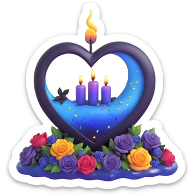 3D emoji gothic heart, midnight blue glass, silver crescent moon, tiny black roses, shimmering stardust, rainbow iridescent, dripping candle wax, misty night sky background sticker