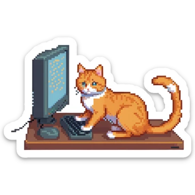 orange cat typing on desktop computer sticker