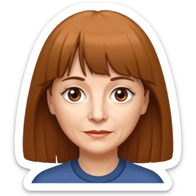60 yr old woman, very small brown eyes, long straight brown hair, bangs,  sticker