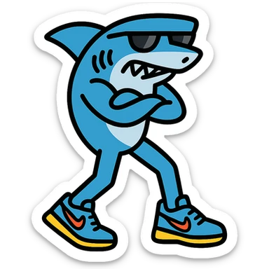 cool shark with legs striking a pose in blue Nike shoes outlined with bold color accents sticker