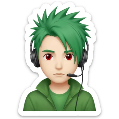 chico pelo medio largo ojos rojos y una camisa verde pelo tipo spike y unos audifonos sticker