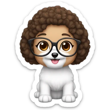 woman-white skin-brown hair-black-with glasses bichon dog-white-smile-christmas sticker