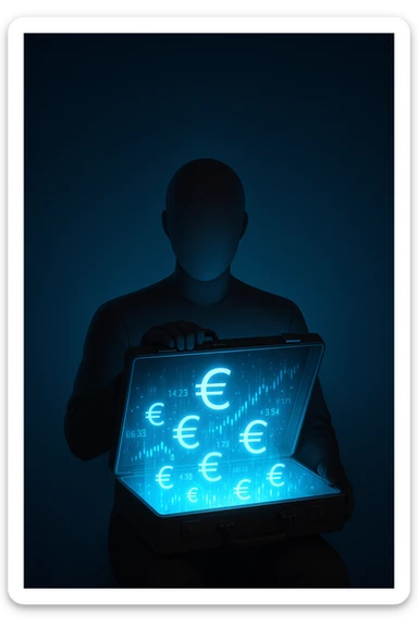 Faceless mannequin holding an open glowing briefcase filled with holographic euro signs and digital stock tickers. Large empty gradient background above for text. Strong cinematic lighting. sticker