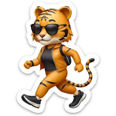 female energetic anthropomorphised tiger in sports clothes, wearing dark sunglasses, walking upright sticker