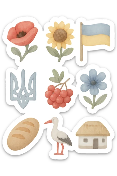3D icon set in watercolor illustration style: poppy, sunflower, Ukrainian flag, trident, viburnum, cornflower, bread, stork, Ukrainian house. 2x3 grid, transparent background, artistic brush strokes, pastel colors, light graininess, uneven edges, handmade effect, camera angle 25°. sticker
