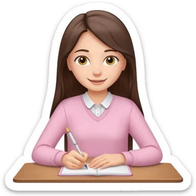 smiling long brunette hair girl hazel eyes wearing light pink clothes writing sticker