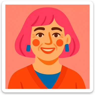 50 year old woman with a pink bob haircut, pink salt background, vibrant and friendly expression sticker