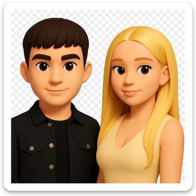 Slightly increase the volume of the upper body of the girl, separate the girl and the boy from each other, make the skin color the same for both characters. Maintain the cartoonish 3D style look as in the reference image. Keep the background transparent. sticker