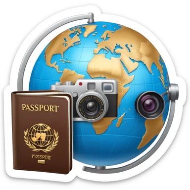 Globe with passport and camera, world travel sticker