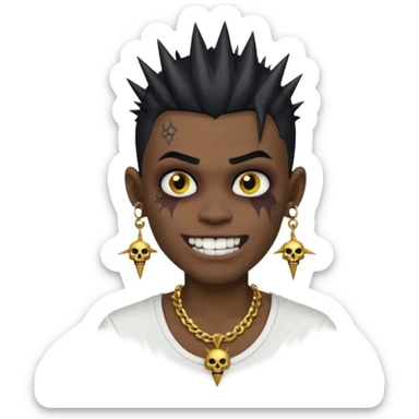 zombie boy with spiky emo black hair and white shirt , tattos, a risk on the eyebrow, earings,  a necklace emoji, with gold grills in his mouth and he’s smiling, change skin color to darkskin sticker
