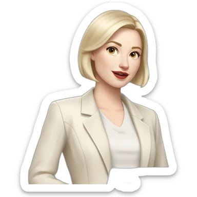 pale skin woman with ash blonde Straightened bob Hair, White Spacious classical jacket, beige palazzo Arrow pants and gray blouse holding a MacBook in the hands sticker