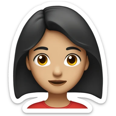 Girl with black long hair, small eyes, red shirt and a black skirt sticker