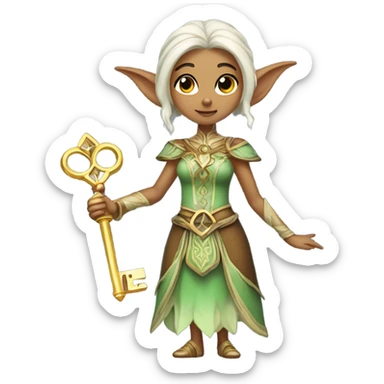 an elf woman login holding a big key sticker