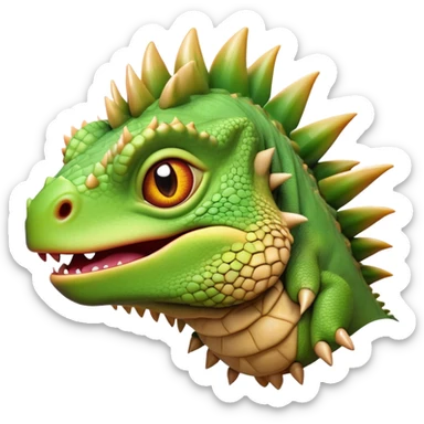 Cinematic Comical Iguana Portrait Emoji, Head tilted dramatically with an exaggeratedly shocked expression, featuring a robust, textured body with a quirky, spiky crest and wide, comically expressive eyes full of playful disbelief, Simplified yet hilariously expressive features, highly detailed, glowing with a slightly sassy jungle glow, high shine, dramatic yet playful, stylized with an air of quirky reptilian mischief, soft glowing outline, capturing the essence of a meme-worthy iguana that looks ready to side-eye its way into viral fame! sticker