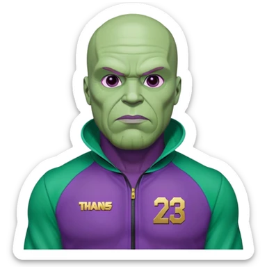 purple-skinned Thanos wearing a green Squid Game player tracksuit with number 230 sticker