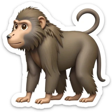 cinematic-hairy top half baboon-full-body-standing on all fours-emoji,-head-tilted-dramatically,-thick-grey-and-brown-fur,-simplified-yet-realistic-focused-features,-highly-detailed,-glowing-with-an-almost-sarcastic-glow expressive eyes, hairy mane sticker