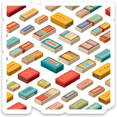 Icon for Matchbox Collecting: a collection of vintage and colorful matchboxes from different places, neatly displayed in a row or in a display case. The icon should reflect the uniqueness and diversity of matchbox collecting. Transparent background. sticker