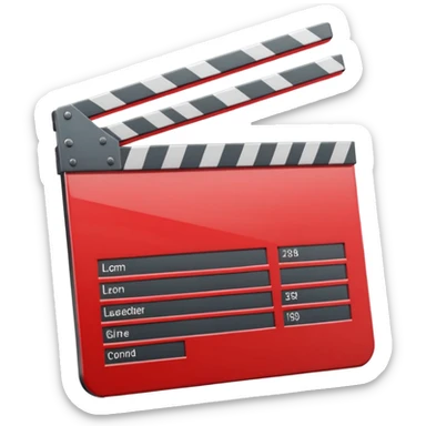 Glossy bright red clapperboard in the classic style of Apple icons: the top bar is tilted up-left, the body and bar with a deep glossy glare, dark gray edging, black background inside, perfectly square with rounded corners. sticker