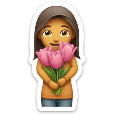 Shy emoji holding tulips to give to other person sticker