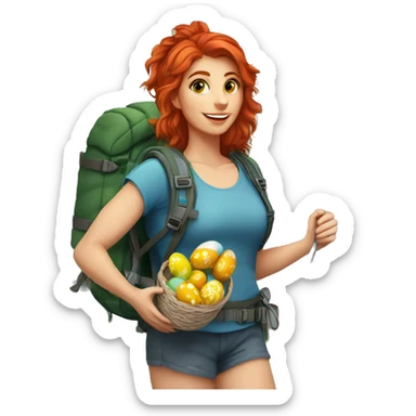 Greek flag background Female mountain climber red hair climbing with Greek flag on backpack and holding Easter eggs basket sticker
