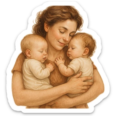 A detailed and expressive illustration of a mother hugging two babies, one on each arm. The mother has natural proportions, detailed faces and hair, soft lines, warm color palette, soft shadows and highlights, atmosphere of care and tenderness, realistic and warm style. sticker