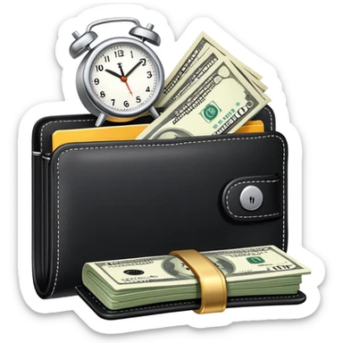 black wallet with dollar bills sticking out and a small clock in top right corner over the wallet sticker