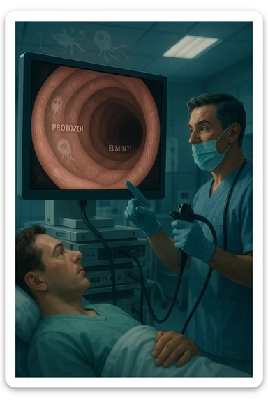 A medical cinematic illustration showing a patient undergoing a colonoscopy in a modern clinical setting. On the monitor, the endoscopic camera shows smooth, healthy-looking intestinal mucosa — clean and without evidentiary signs. But layered symbolically in the background (or faded into the intestinal wall), tiny parasitic organisms like protozoa and helminths are subtly depicted hiding between folds, or embedded deeper in tissues, undetectable by the surface-only scope. The doctor gestures with confidence, while the patient remains unaware that the test might not reveal the true underlying infection. The scene has cool clinical lighting, shallow depth of field, and realistic anatomy, overlaid with symbolic, almost ghost-like imagery of parasites in italiano sticker
