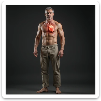 realistic adult man with simple clothing, body showing signs of autoimmune diseases: stylized heart highlighted, skin spots, swollen joints, vulnerable atmosphere, realistic details, clinical background, 4K quality sticker